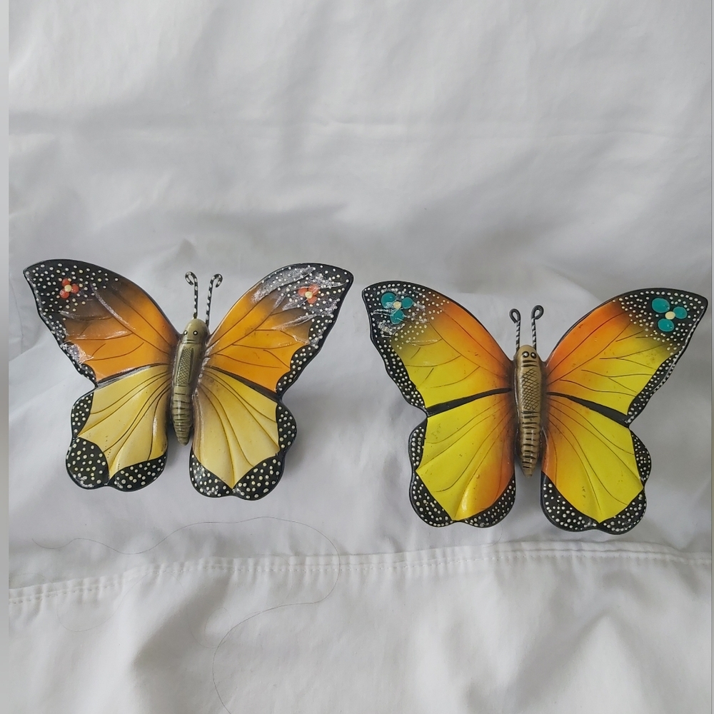 Hand Painted Monarch Butterfly Wall Art x 2 Hanging Sunroom Ceramic Clay Plaques